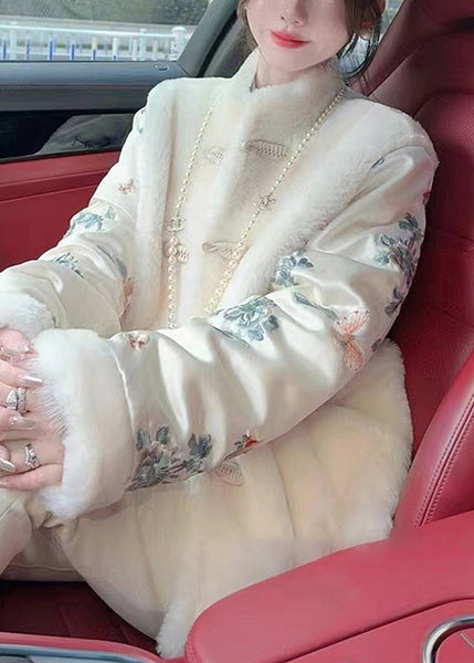 Chinese Style White Fluffy Button Patchwork Parkas Winter RC001 ABC