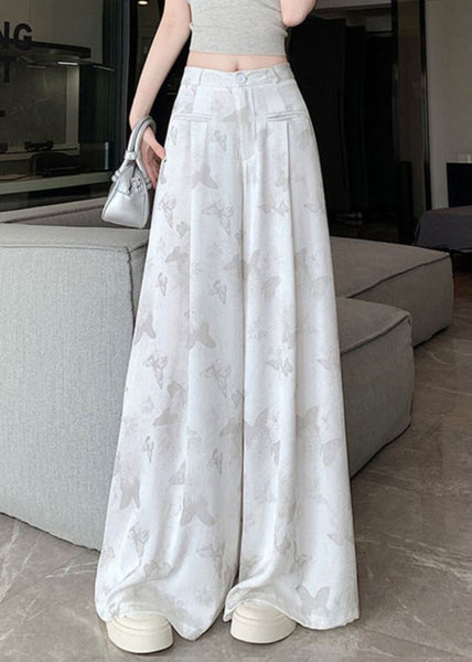 Butterfly Draping Print Floral Pockets Chinese White Style Pants FashionChic