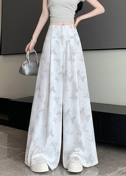 Butterfly Draping Print Floral Pockets Chinese White Style Pants FashionChic