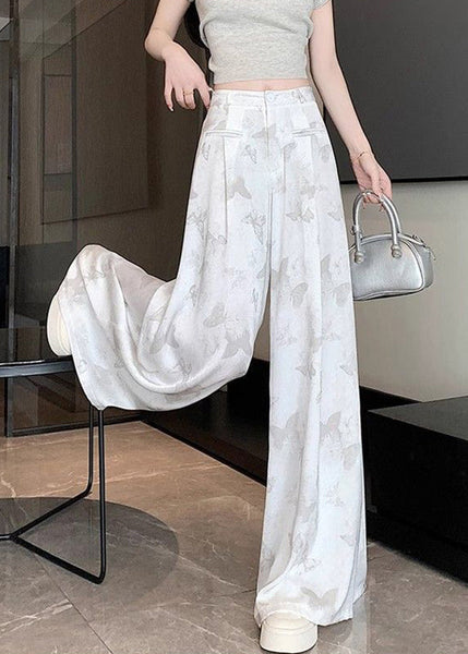 Butterfly Draping Print Floral Pockets Chinese White Style Pants FashionChic