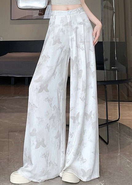 Butterfly Draping Print Floral Pockets Chinese White Style Pants FashionChic