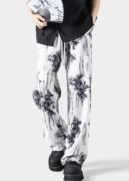 Chinese Style White Pockets Print Ice Silk Mens Pants Summer YT043 Men-Silk-MENP240721