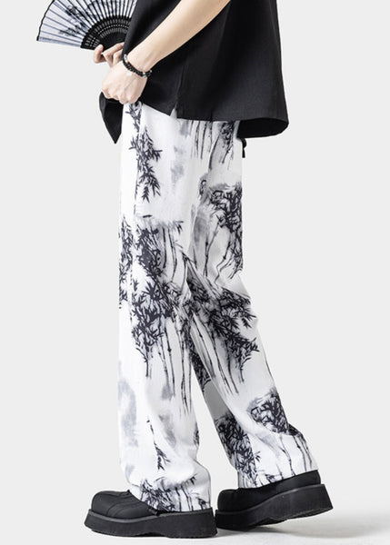 Chinese Style White Pockets Print Ice Silk Mens Pants Summer YT043 Men-Silk-MENP240721