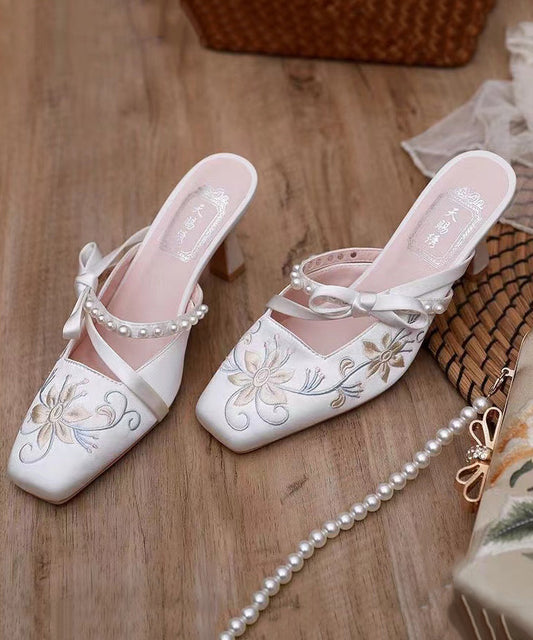 Chinese Style White Satin Embroidery High Heel Slippers DD1019 Shoe-LT240605