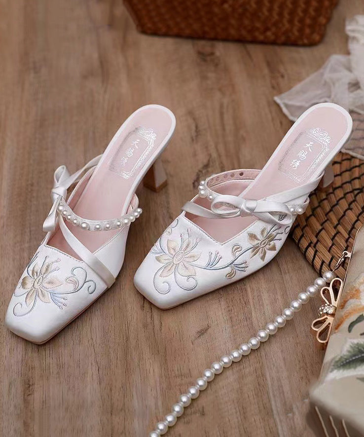 Chinese Style White Satin Embroidery High Heel Slippers DD1019 Shoe-LT240605