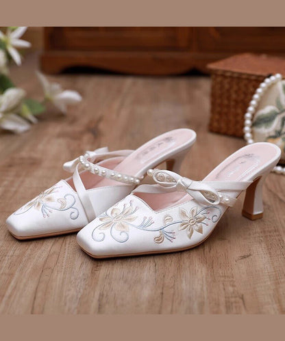 Chinese Style White Satin Embroidery High Heel Slippers DD1019 Shoe-LT240605