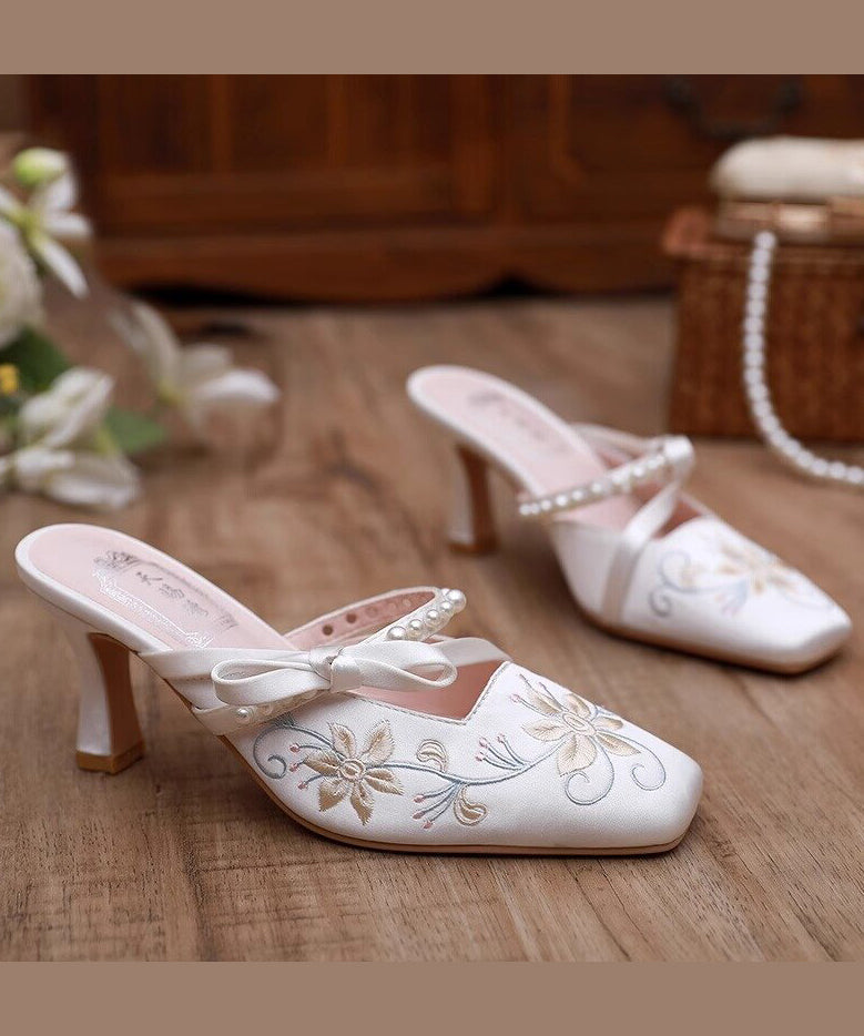 Chinese Style White Satin Embroidery High Heel Slippers DD1019 Shoe-LT240605