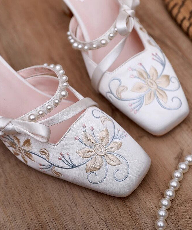 Chinese Style White Satin Embroidery High Heel Slippers DD1019 Shoe-LT240605