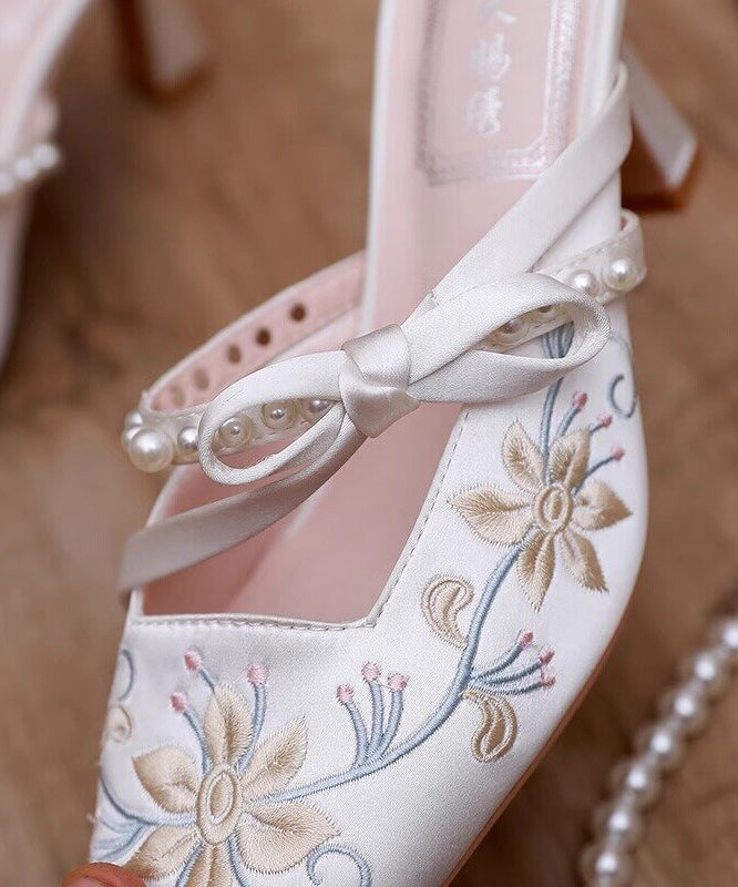 Chinese Style White Satin Embroidery High Heel Slippers DD1019 Shoe-LT240605