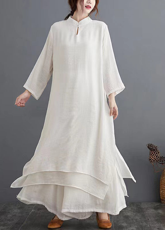 Chinese Style White Stand Collar Linen 2 Piece Outfit Spring Summer AP015 GK-TPIEC240718