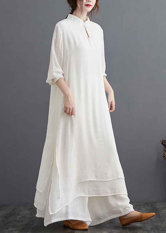 Chinese Style White Stand Collar Linen 2 Piece Outfit Spring Summer AP015 GK-TPIEC240718