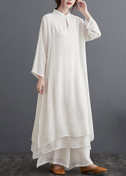 Chinese Style White Stand Collar Linen 2 Piece Outfit Spring Summer AP015 GK-TPIEC240718