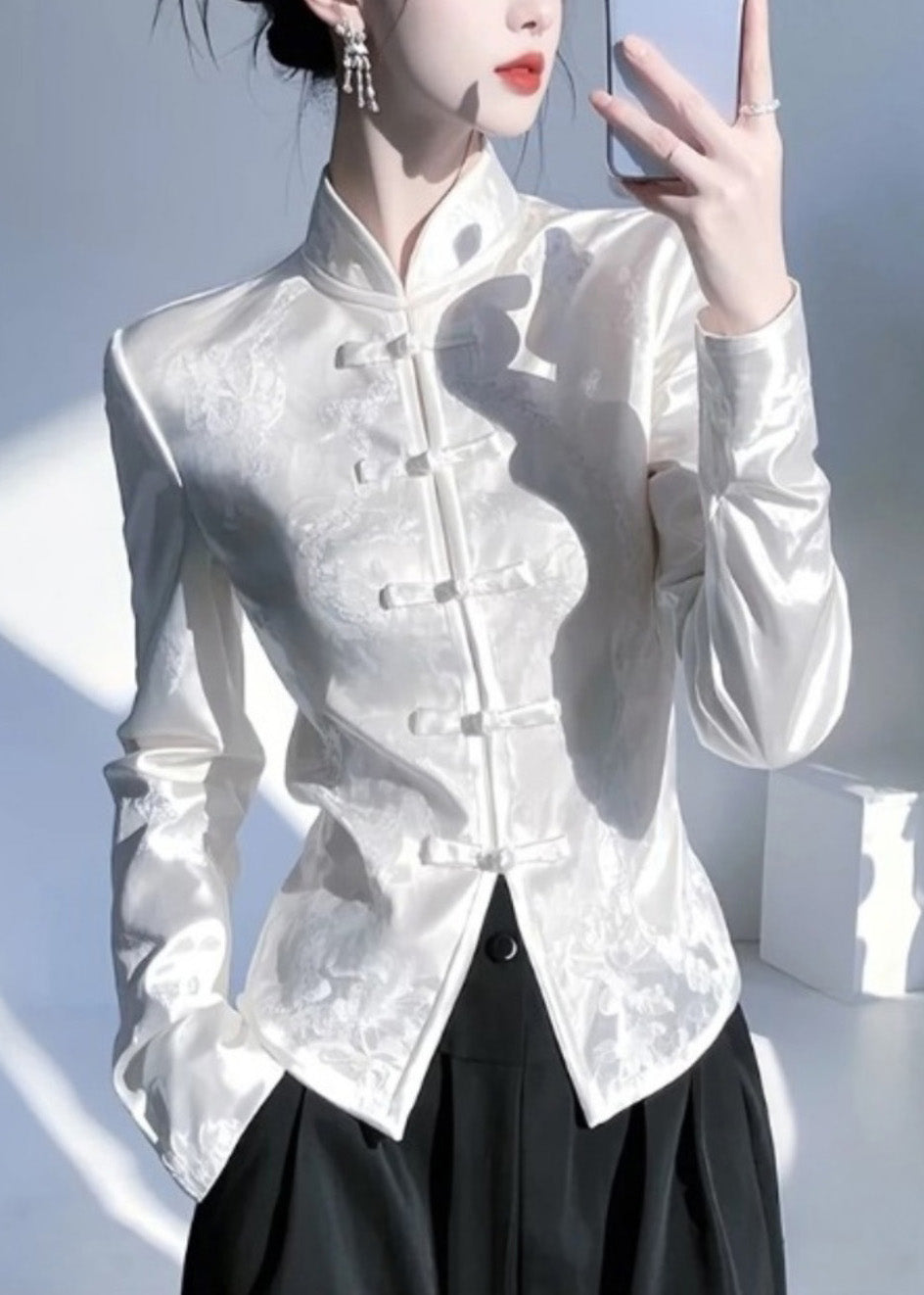 Chinese Style White Stand Collar Oriental Button Silk Shirt Top Spring YZ018 ABC
