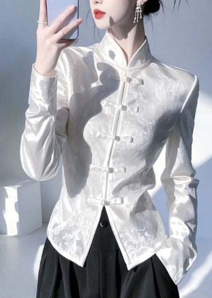Chinese Style White Stand Collar Oriental Button Silk Shirt Top Spring YZ018 ABC