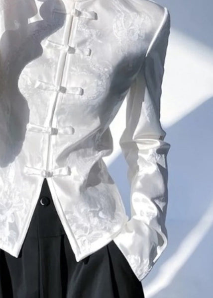 Chinese Style White Stand Collar Oriental Button Silk Shirt Top Spring YZ018 ABC