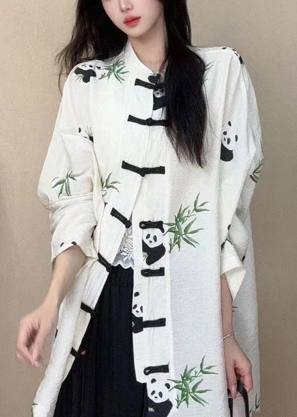 Chinese Style White Stand Collar Print Button Cotton Shirts Long Sleeve BV055 MZF-LTP240702