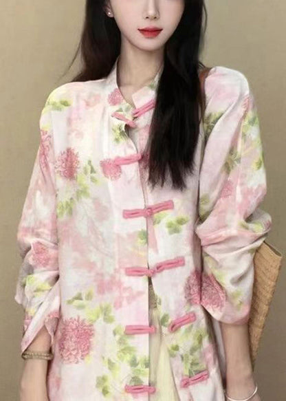 Chinese Style White Stand Collar Print Button Cotton Shirts Long Sleeve BV055 MZF-LTP240702