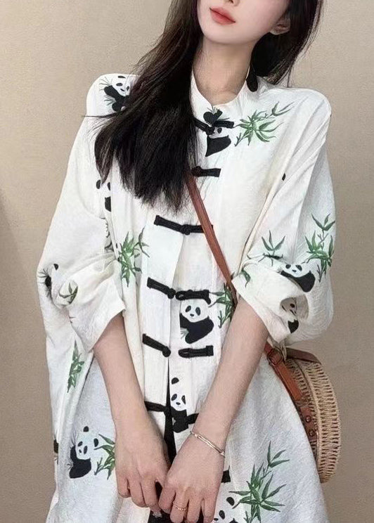 Chinese Style White Stand Collar Print Button Cotton Shirts Long Sleeve BV055 MZF-LTP240702