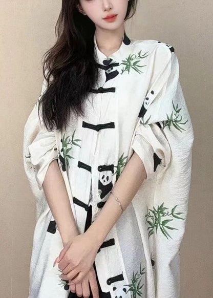 Chinese Style White Stand Collar Print Button Cotton Shirts Long Sleeve BV055 MZF-LTP240702