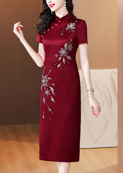 Chinese Style Wine Red Stand Collar Zircon Side Open Silk Dresses Summer BB018 Hawaii-SDL240622