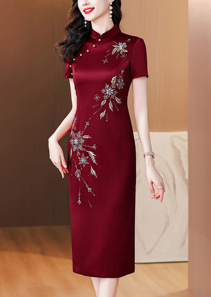 Chinese Style Wine Red Stand Collar Zircon Side Open Silk Dresses Summer BB018 Hawaii-SDL240622
