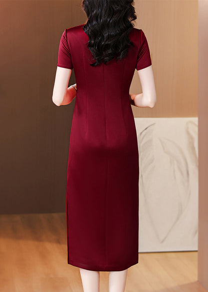 Chinese Style Wine Red Stand Collar Zircon Side Open Silk Dresses Summer BB018 Hawaii-SDL240622