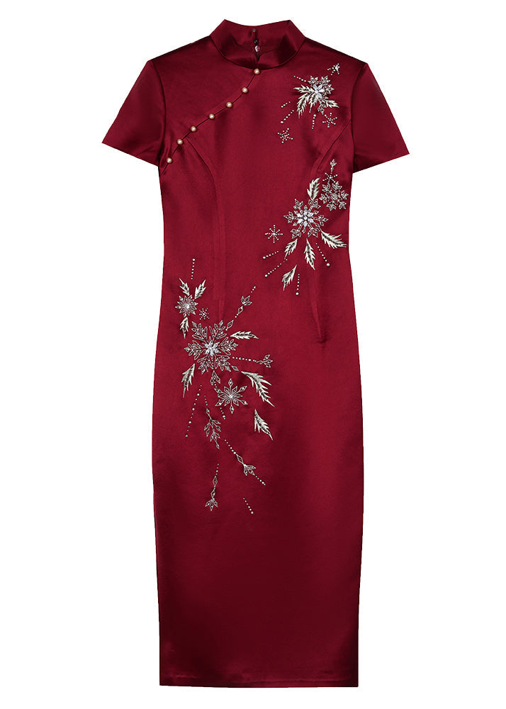 Chinese Style Wine Red Stand Collar Zircon Side Open Silk Dresses Summer BB018 Hawaii-SDL240622