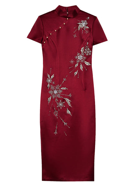 Chinese Style Wine Red Stand Collar Zircon Side Open Silk Dresses Summer BB018 Hawaii-SDL240622