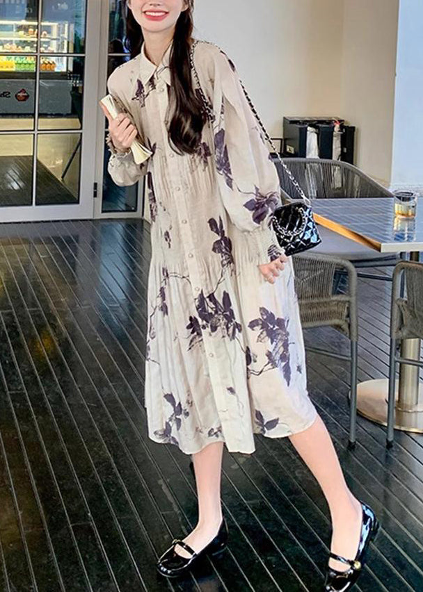Style Chinese Button Long Dresses Wrinkled Lantern Collar Print FashionChic