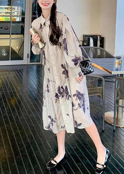 Style Chinese Button Long Dresses Wrinkled Lantern Collar Print FashionChic
