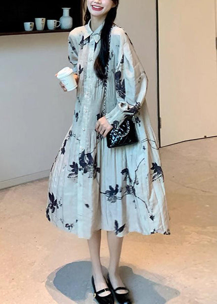 Style Chinese Button Long Dresses Wrinkled Lantern Collar Print FashionChic
