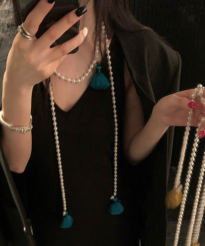 Chinese Style Yellow Alloy Pearl Beading Tassel Pendant Necklace YA007 ABC