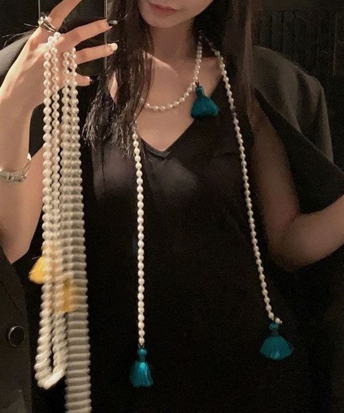 Chinese Style Yellow Alloy Pearl Beading Tassel Pendant Necklace YA007 ABC