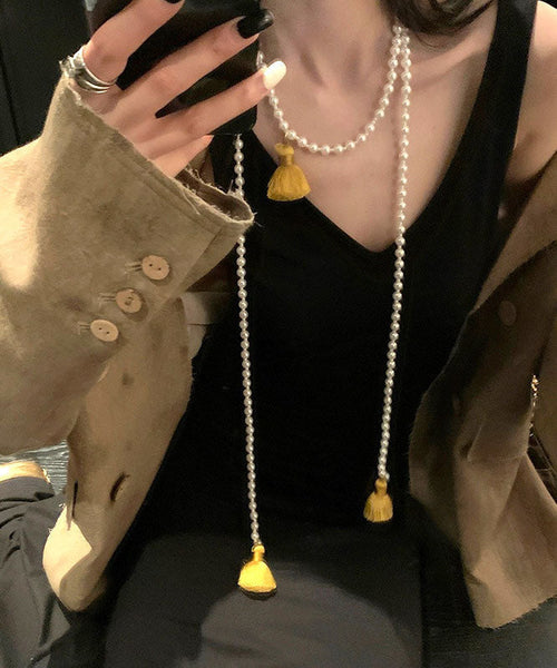 Chinese Style Yellow Alloy Pearl Beading Tassel Pendant Necklace YA007 ABC