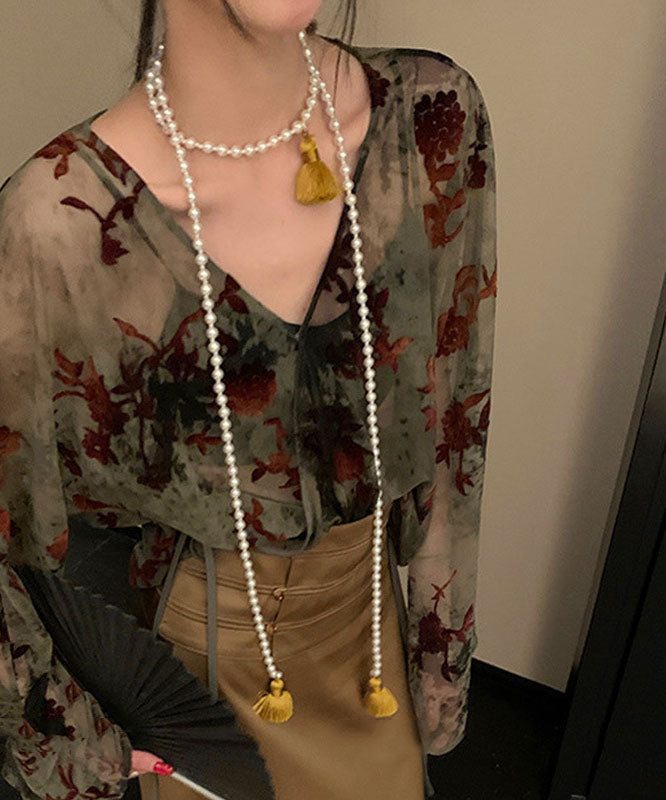 Chinese Style Yellow Alloy Pearl Beading Tassel Pendant Necklace YA007 ABC