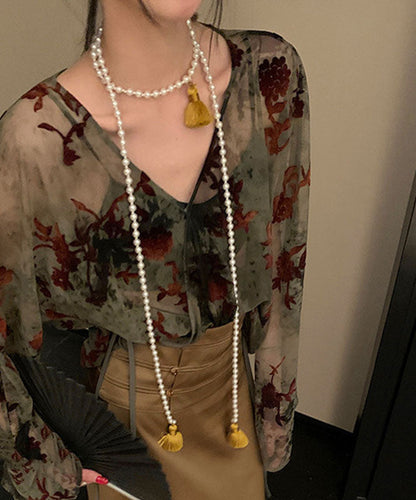 Chinese Style Yellow Alloy Pearl Beading Tassel Pendant Necklace YA007 ABC