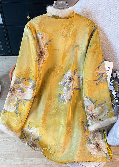 Chinese Style Yellow Print Patchwork Fine Cotton Filled Silk Coat Spring TI021