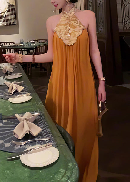 Collar Summer Patchwork Yellow Long Chinese Dress Style Stand FashionChic