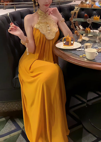 Collar Summer Patchwork Yellow Long Chinese Dress Style Stand FashionChic