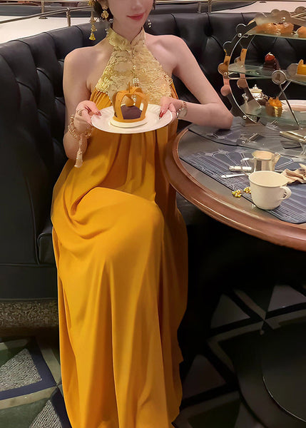 Collar Summer Patchwork Yellow Long Chinese Dress Style Stand FashionChic