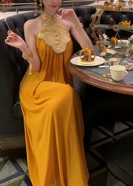 Collar Summer Patchwork Yellow Long Chinese Dress Style Stand FashionChic