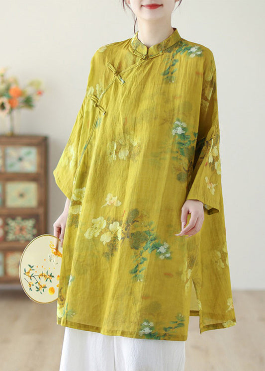 Chinese Style Yellow Stand Collar Print Button Linen Shirts Long Sleeve GH1090 Ada Fashion