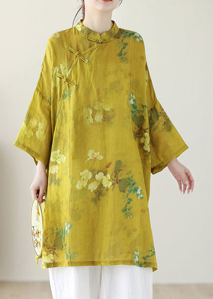 Chinese Style Yellow Stand Collar Print Button Linen Shirts Long Sleeve GH1090 Ada Fashion