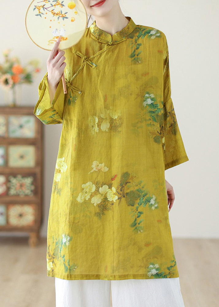 Chinese Style Yellow Stand Collar Print Button Linen Shirts Long Sleeve GH1090 Ada Fashion