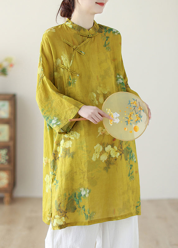 Chinese Style Yellow Stand Collar Print Button Linen Shirts Long Sleeve GH1090 Ada Fashion
