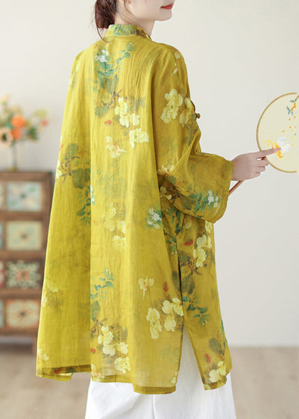 Chinese Style Yellow Stand Collar Print Button Linen Shirts Long Sleeve GH1090 Ada Fashion