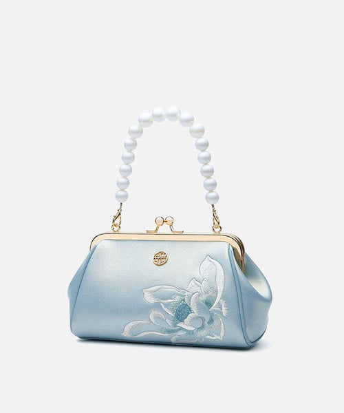 Cowhide Handbag Crossbody Embroidered White Pearl Chinese FashionChic