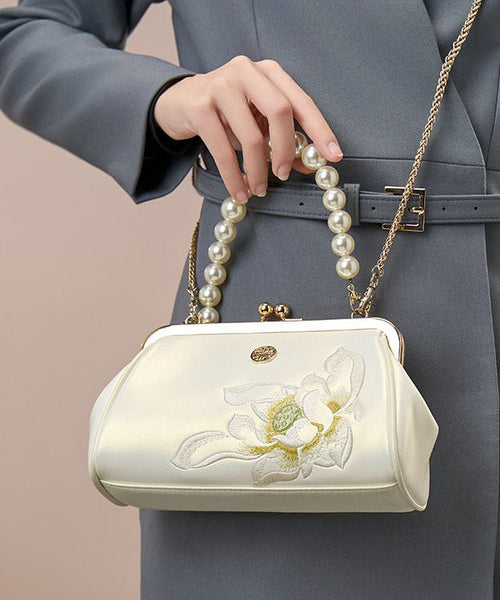 Cowhide Handbag Crossbody Embroidered White Pearl Chinese FashionChic