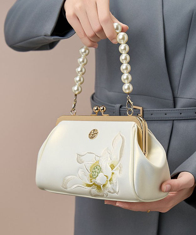 Cowhide Handbag Crossbody Embroidered White Pearl Chinese FashionChic