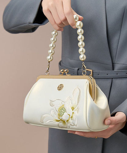 Cowhide Handbag Crossbody Embroidered White Pearl Chinese FashionChic